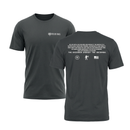 Front and back view of a gray Ethos slogan tee with text on the back, displaying a unisex fit.